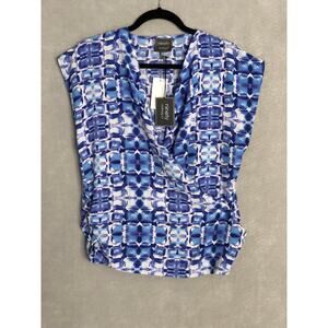 Ninety Wrap Front Top Women's Large Ruched Seams Blue NEW